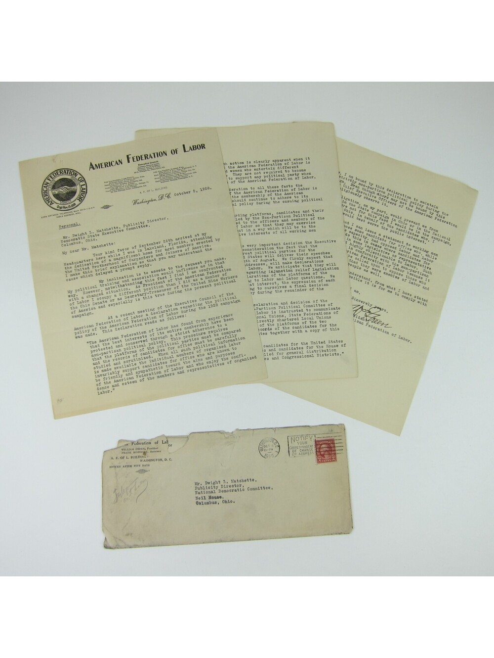 Letter William Green American Federation of Labor Dwight Matchette Ohio 1928 Vtg